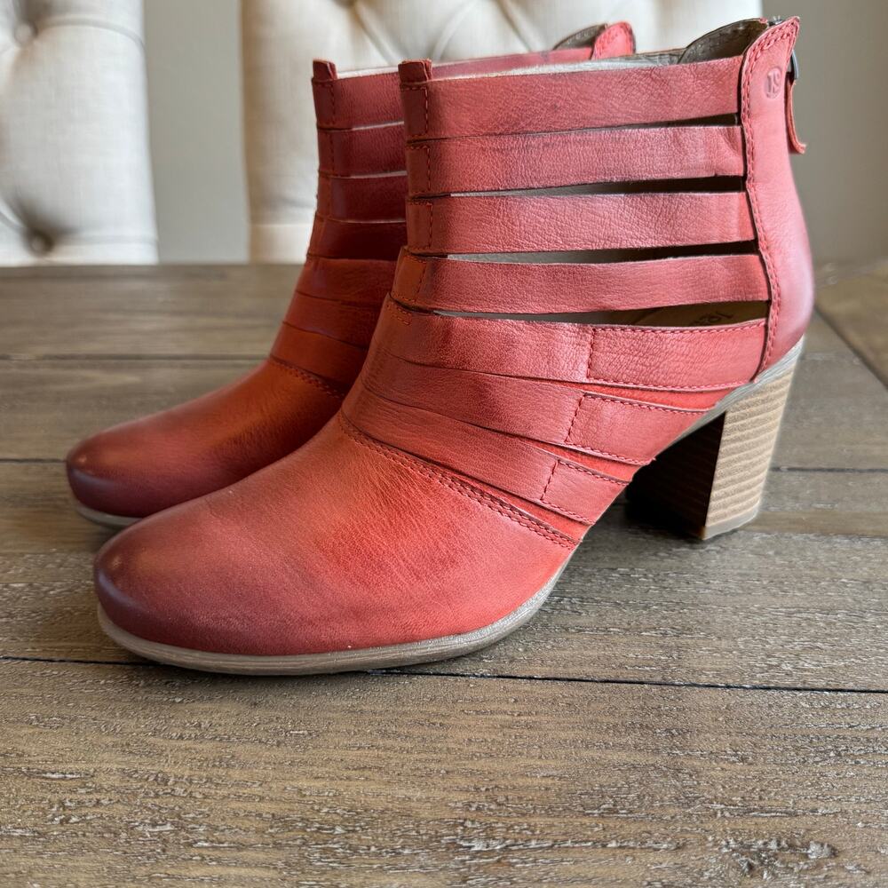 Josef Seibel Women's Sz 6-6.5 EU 37 Burnt Red Orange Strappy Zipper Heeled Boots